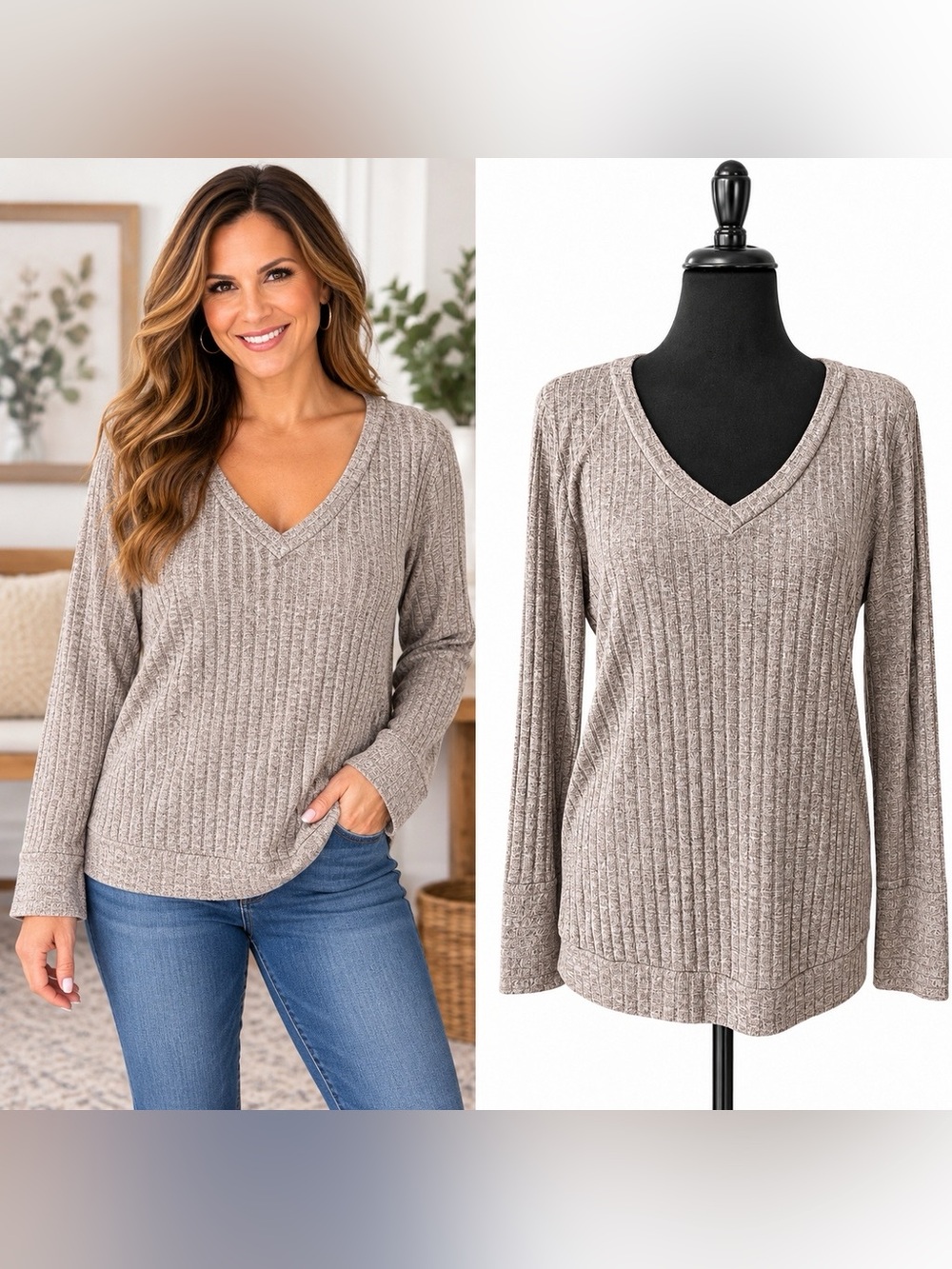 Taupe Heather Ribbed V-Neck Top Women’s Size Large Earthy Bohemian Casual Chic